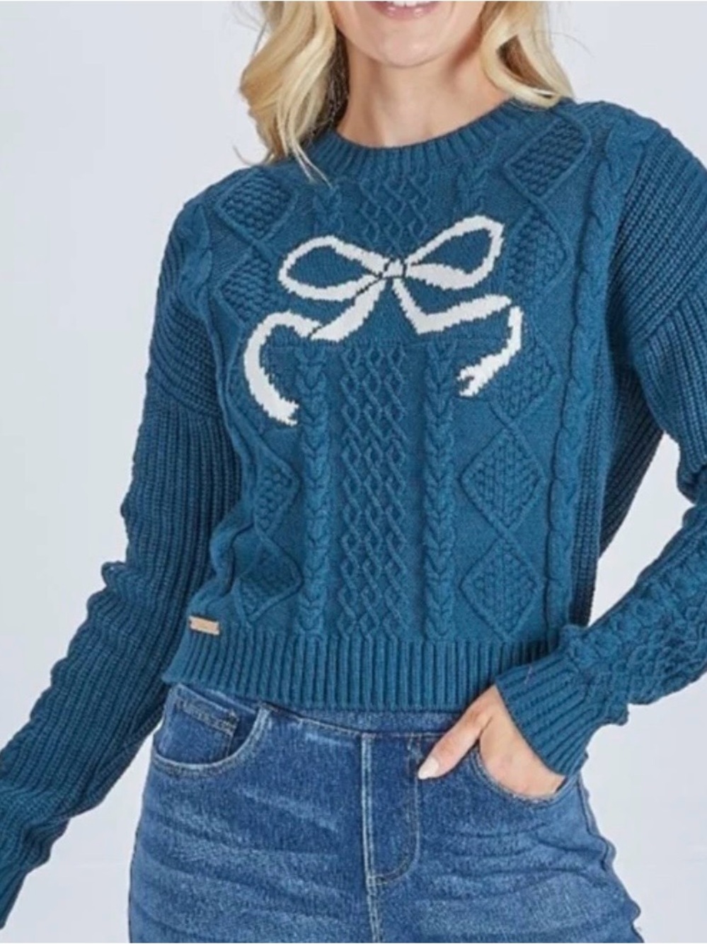 Simply Southern Teal Cable-Knit Sweater with White Bow